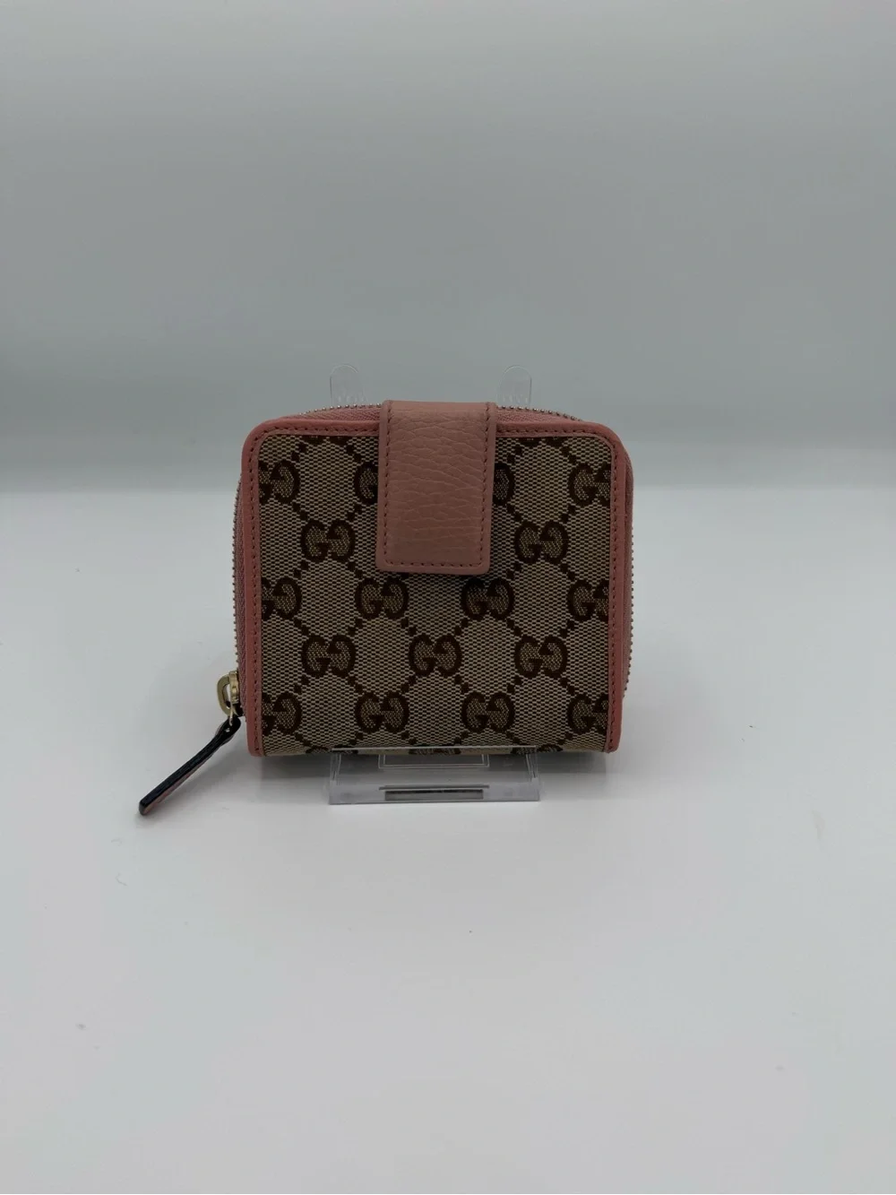 Gucci GG Canvas Comaoct Zip Around Wallet Beige Ebony Pink